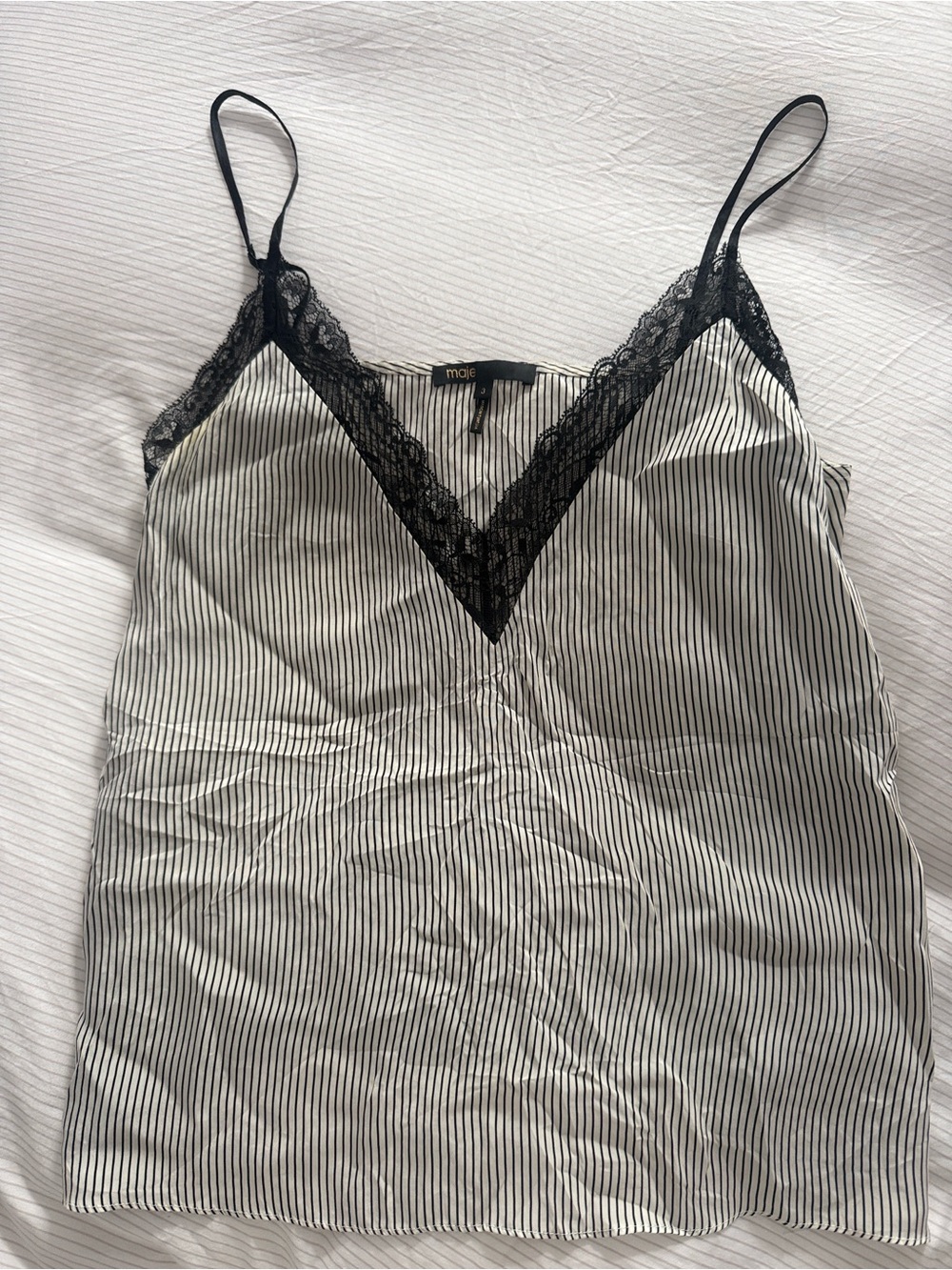 Maje Cream and Black Pinstripe Satin Camisole with Lace Trim